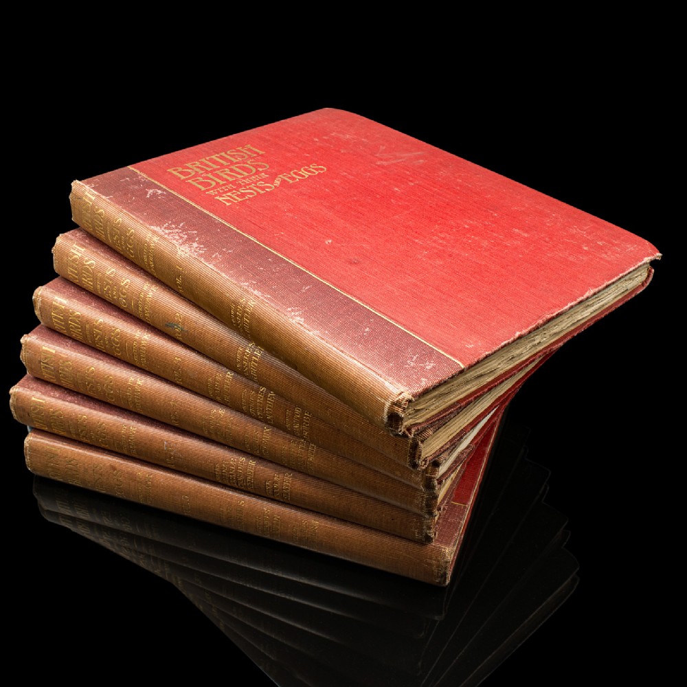 A stack of six Victorian cloth-bound volumes titled British Birds with Their Nests and Eggs featuring red covers and gilt lettering.