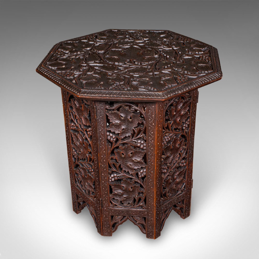 Small Antique Campaign Tea Table, Anglo-Indian, Relief Carved Teak, Victorian