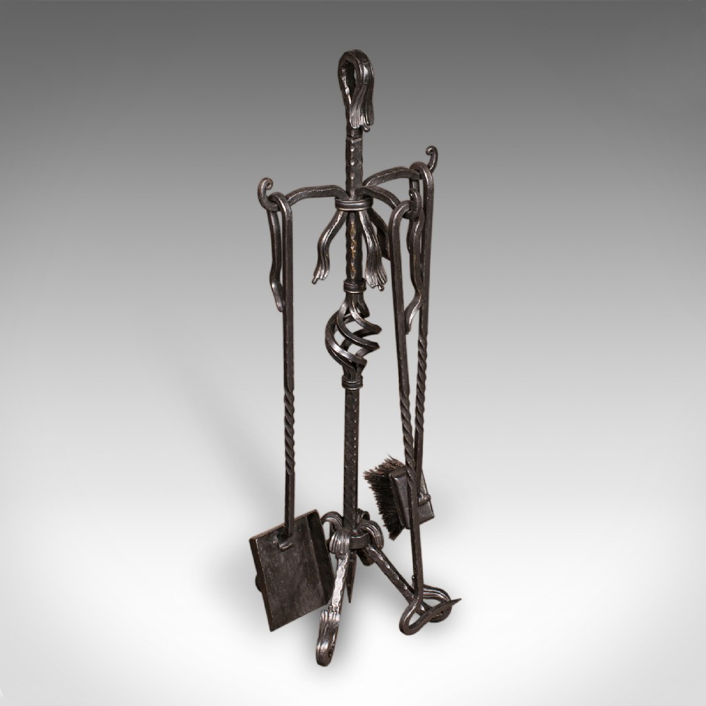 Tall Antique Fireside Companion, English, Wrought Iron, Fire Tool Set, Edwardian