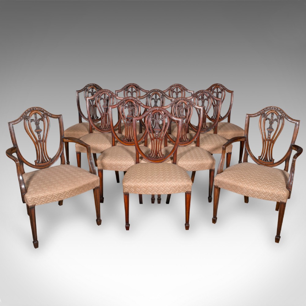 Set of 12 Antique Dining Chairs, English, Carver, Seat, Hepplewhite, Edwardian