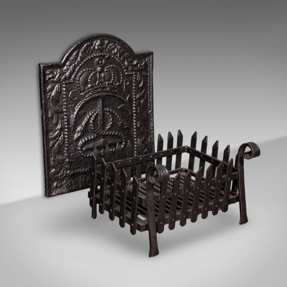 Antique Fireplace Hearth Set, English, Cast Iron, Fire Back, Grate, Victorian