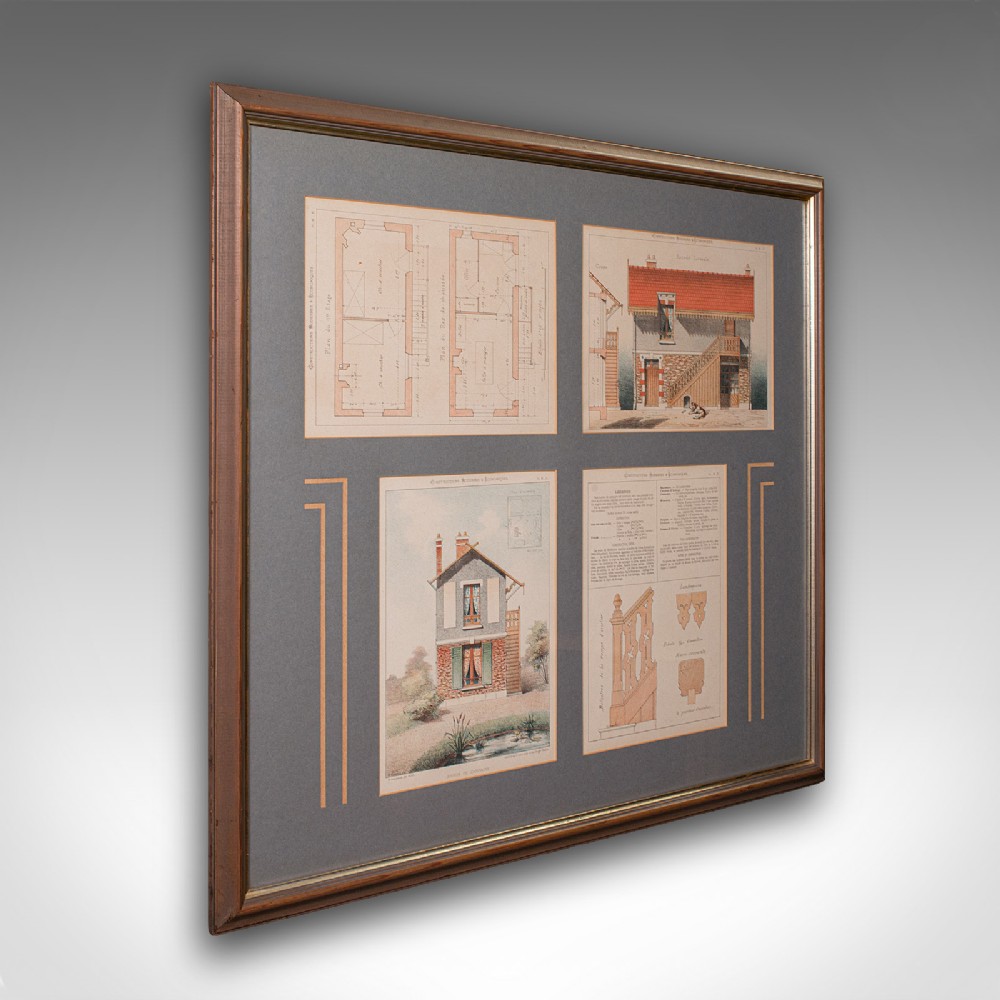 Four antique French architectural lithographs set within a dark grey mount board and framed in a brown wooden moulding.