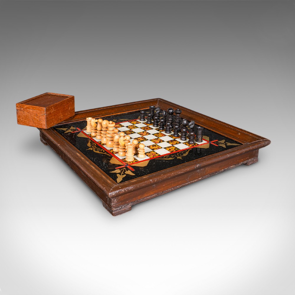 Antique Chess Board Set, English Painted Glass, Pine, Parlour Game, Edwardian