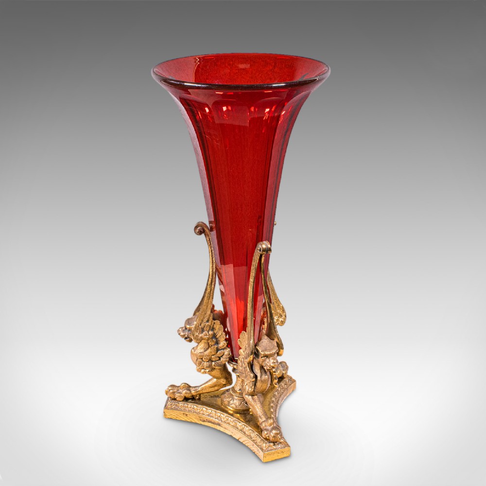 Antique Epergne, French, Gilt Bronze, Cranberry Art Glass, Flower Vase, C.1920