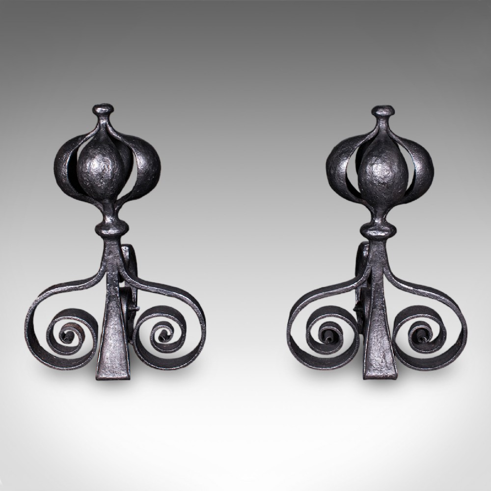Pair of Antique Fireplace Andirons, French, Country House Hearth, Art Nouveau