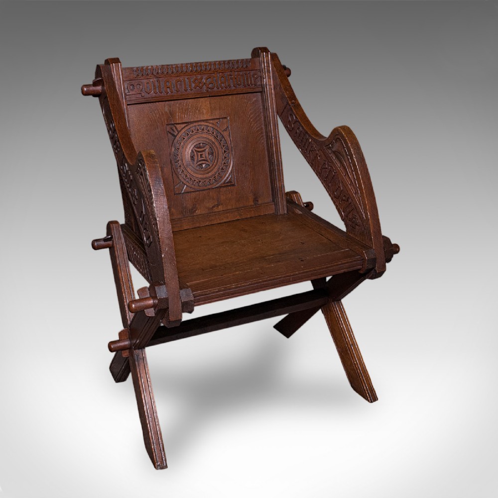 Antique Inscribed Glastonbury Chair, English, Oak, Gothic Armchair, Victorian