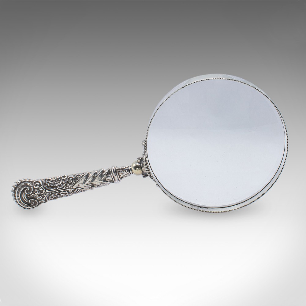 Antique Reader's Magnifying Glass, English, Silver Plate, Library Aid, Victorian