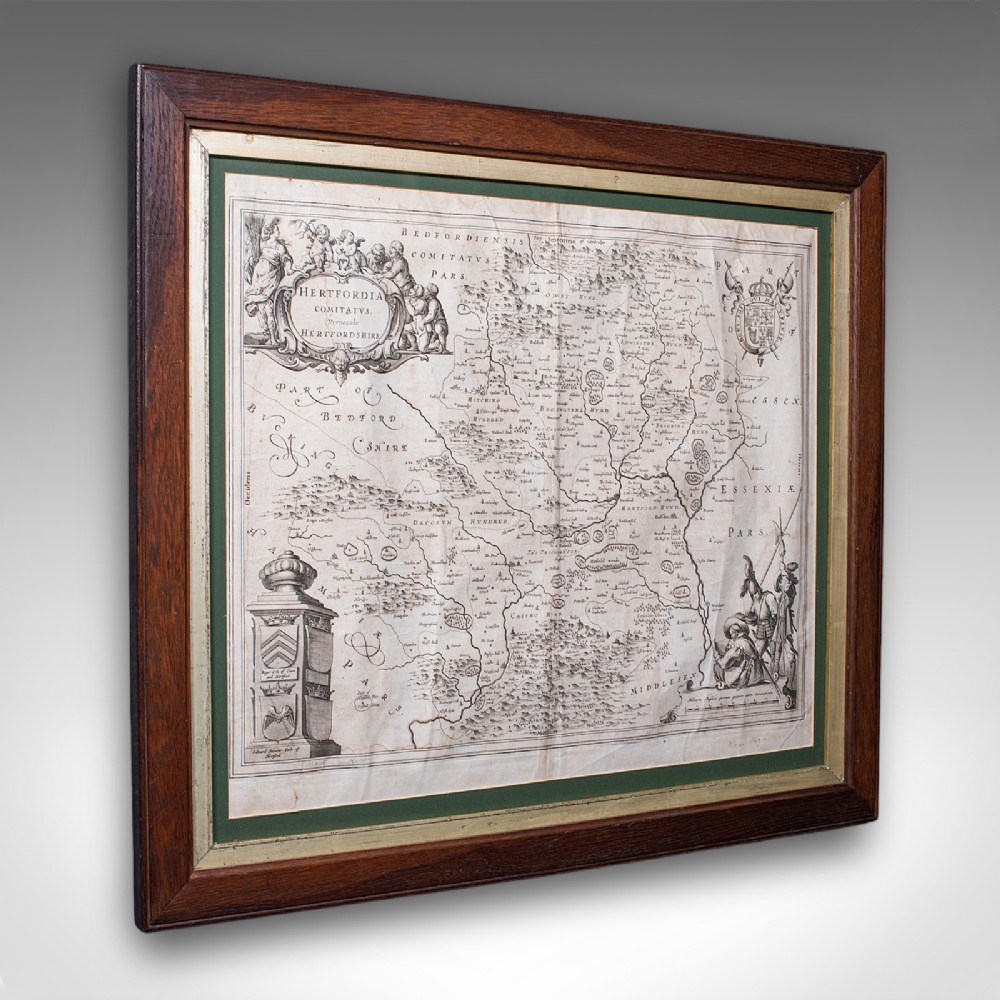 Antique County Map, Hertfordshire, Dutch, Framed Cartography, Blaeu, Carolean