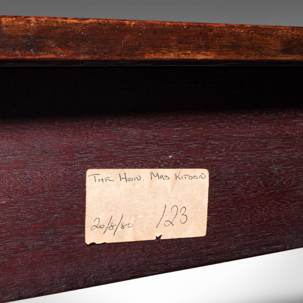 An antique dark mahogany demi-lune console table featuring tapered legs and a curved frieze. View IX