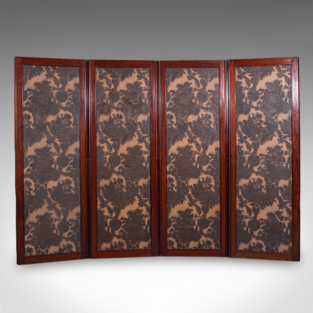 A four-panel mahogany folding room divider featuring patterned chinoiserie canvas panels set within dark wood frames. View II