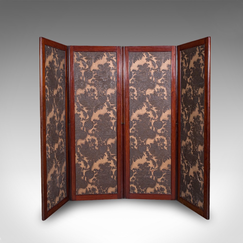 A four-panel mahogany folding room divider featuring patterned chinoiserie canvas panels set within dark wood frames. View III