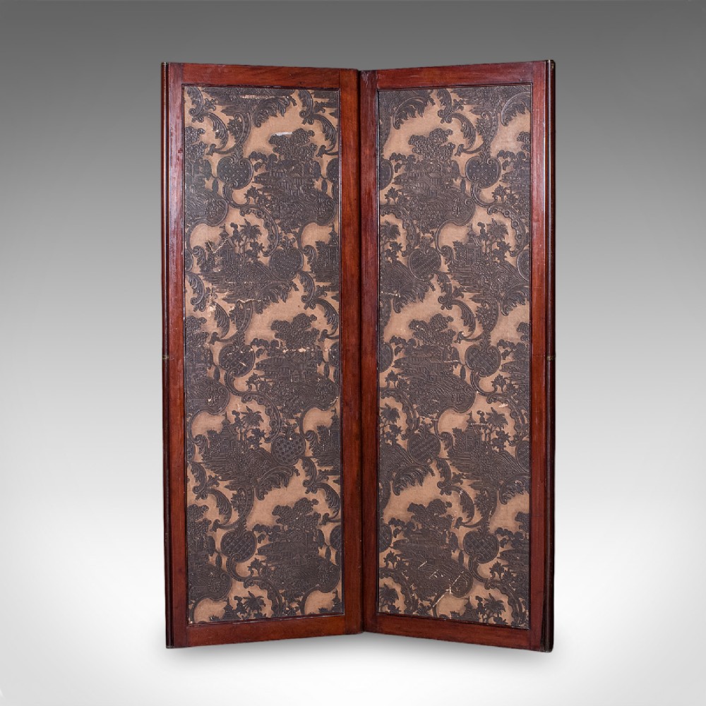A four-panel mahogany folding room divider featuring patterned chinoiserie canvas panels set within dark wood frames. View IV