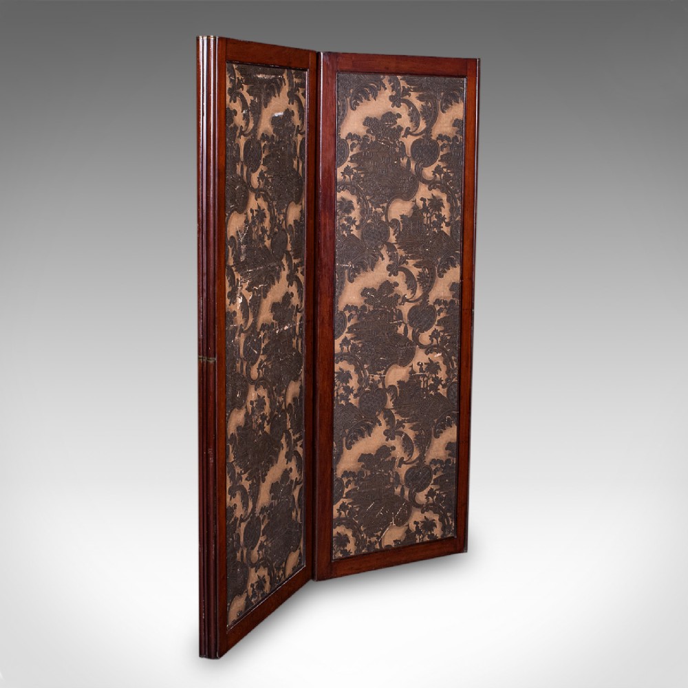 A four-panel mahogany folding room divider featuring patterned chinoiserie canvas panels set within dark wood frames. View V