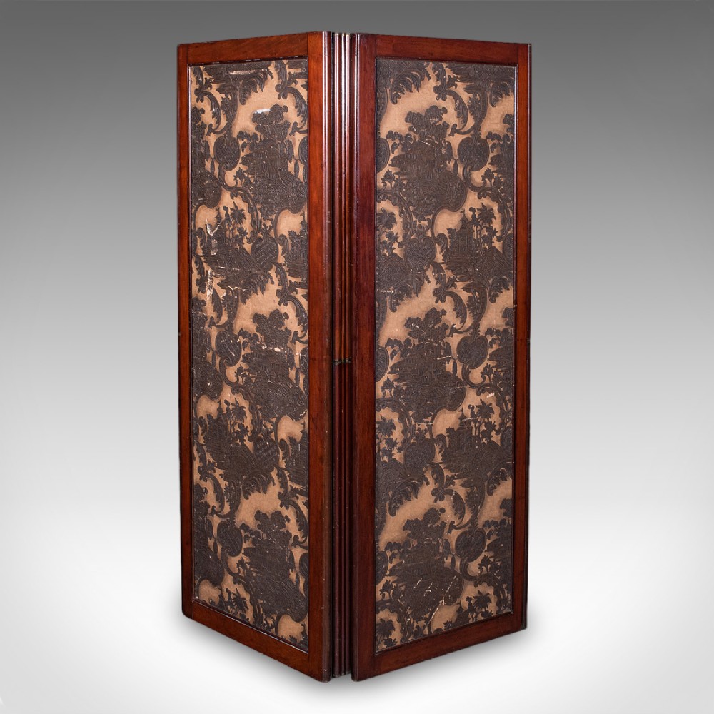A four-panel mahogany folding room divider featuring patterned chinoiserie canvas panels set within dark wood frames. View VI