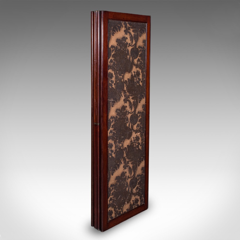 A four-panel mahogany folding room divider featuring patterned chinoiserie canvas panels set within dark wood frames. View VII