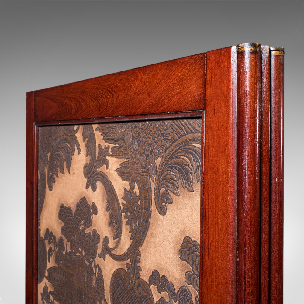 A four-panel mahogany folding room divider featuring patterned chinoiserie canvas panels set within dark wood frames. View X