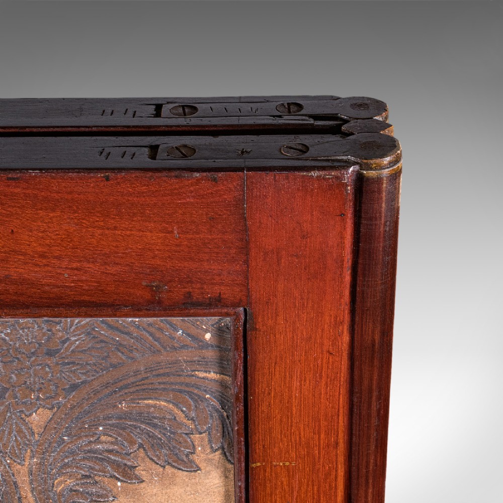 A four-panel mahogany folding room divider featuring patterned chinoiserie canvas panels set within dark wood frames. View XI