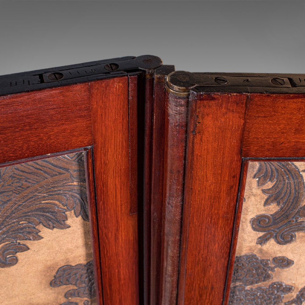 A four-panel mahogany folding room divider featuring patterned chinoiserie canvas panels set within dark wood frames. View XII