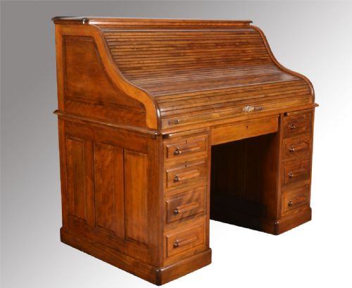 Walnut Pedestal Roll Top Desk