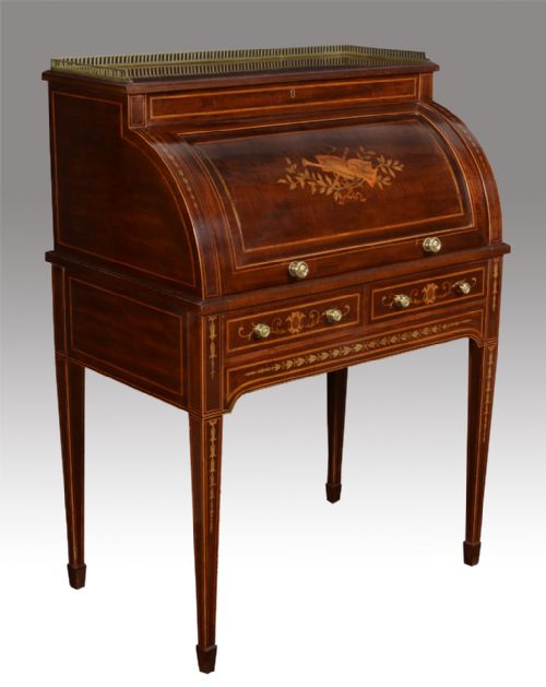 Victorian Mahogany Inlaid Cylinder Desk