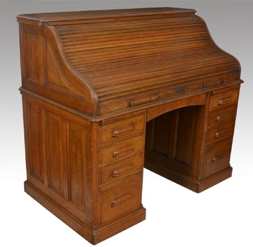 Oak Pedestal Roll Top Desk