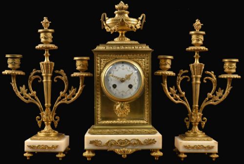 Louis XVI Style Gilt Bronze and White Marble Three-piece Clock Set