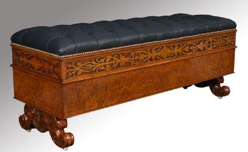 Walnut Framed Black Leather Ottoman