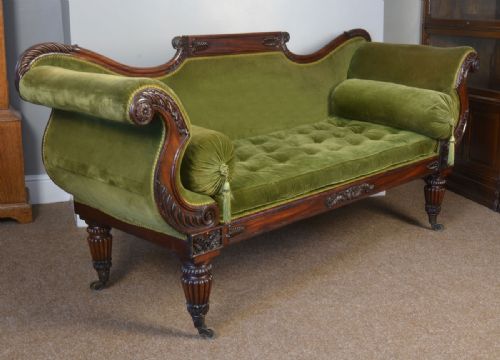Regency Carved Mahogany Scroll End Settee