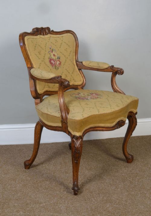 Carved Oak Needlepoint Armchair