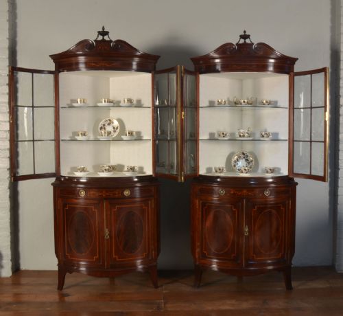 Pair of Mahogany Inlaid Bow Fronted Display Cabinets by Shapland and Petter