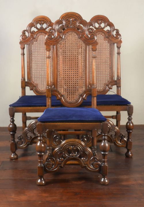 Set of Four William and Marry Style Carved Oak Dining Chairs