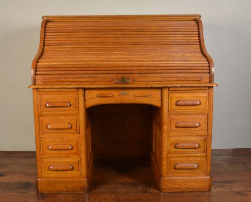 Oak Pedestal Roll Top Desk