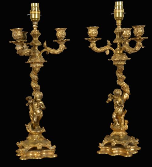 Pair French Louis XVI Style Bronze Putti Candelabra Table Lamps