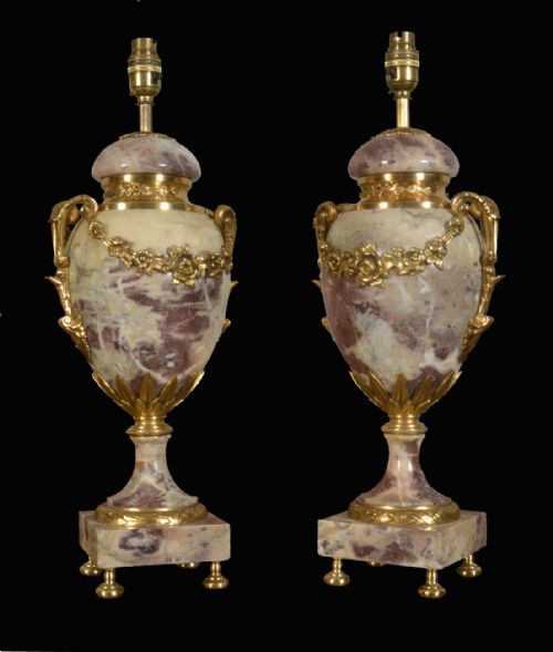 Pair of White and Purple Veined Marble Table Lamps