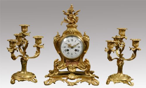 French Three Piece Gilt Metal Mantle Clock Set