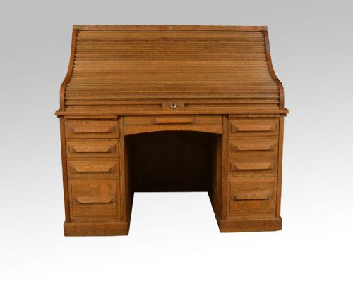 Oak Pedestal Roll Top Desk by Cutler