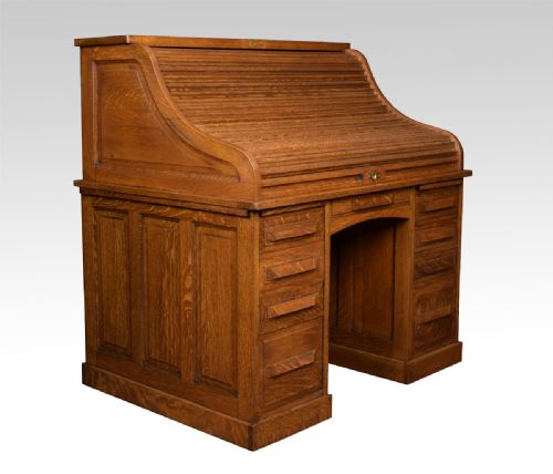 Oak Pedestal Roll Top Desk by Cutler
