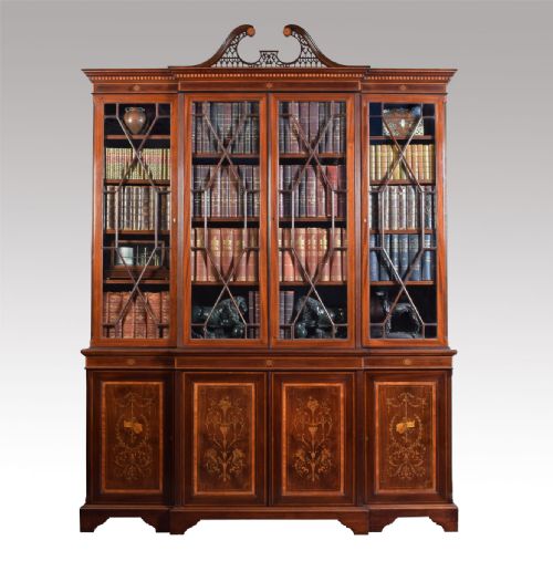 Large Antique Four Door Mahogany and Marquetry Inlaid Breakfront Bookcase Cupboard by Edwards and Roberts