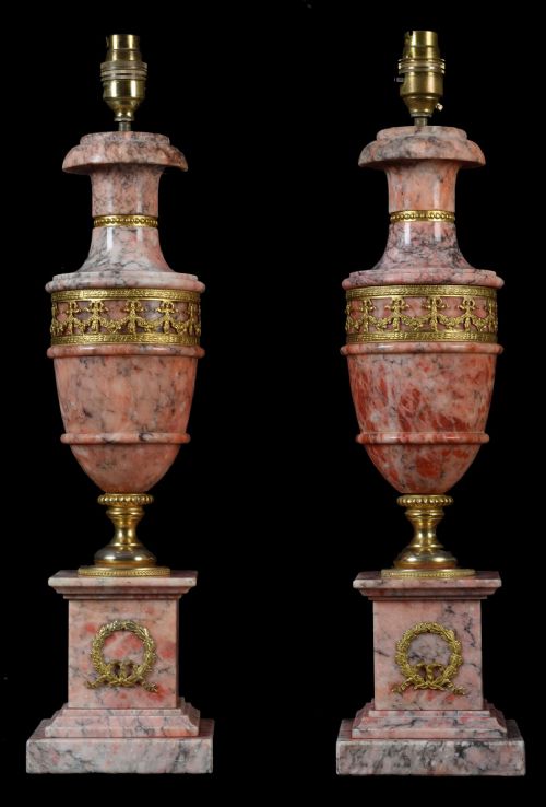Pair of Pink Veined Marble Ormolu Mounted Table Lamps