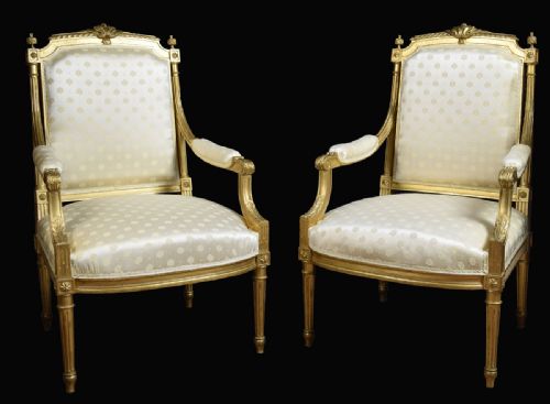 Pair of French Louis XVI Style Giltwood Armchairs