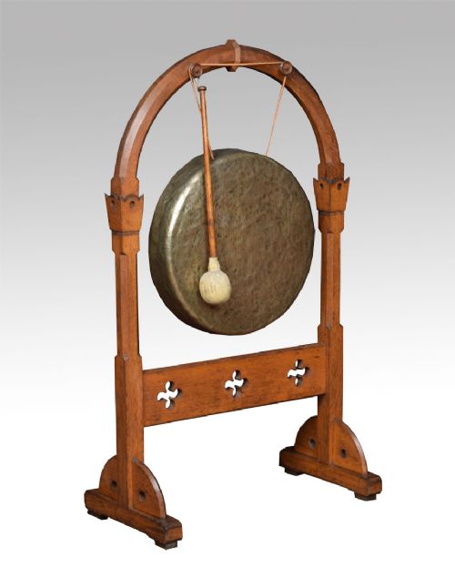 Large Victorian Gothic Brass and Oak Gong