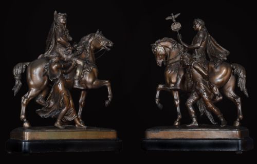 Large Pair of Late 19th Century Bronzed Spelter Figures on Horseback