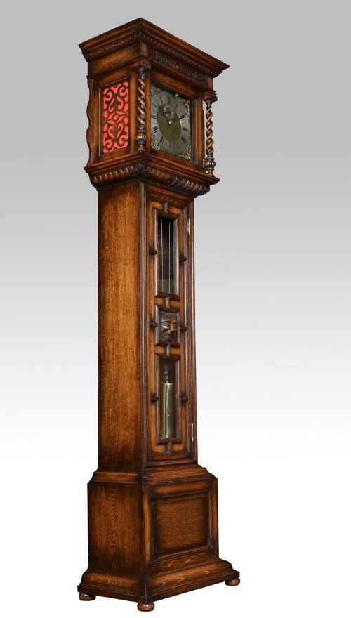 Jacobean Style Oak Longcase Clock with Eight Day Movement Chiming on Nine Tubular Gongs