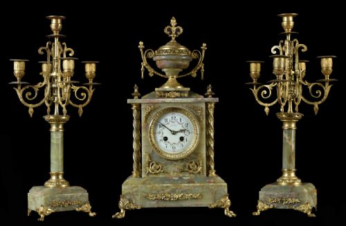 19th Century French Onyx and Gilt Metal Clock Set