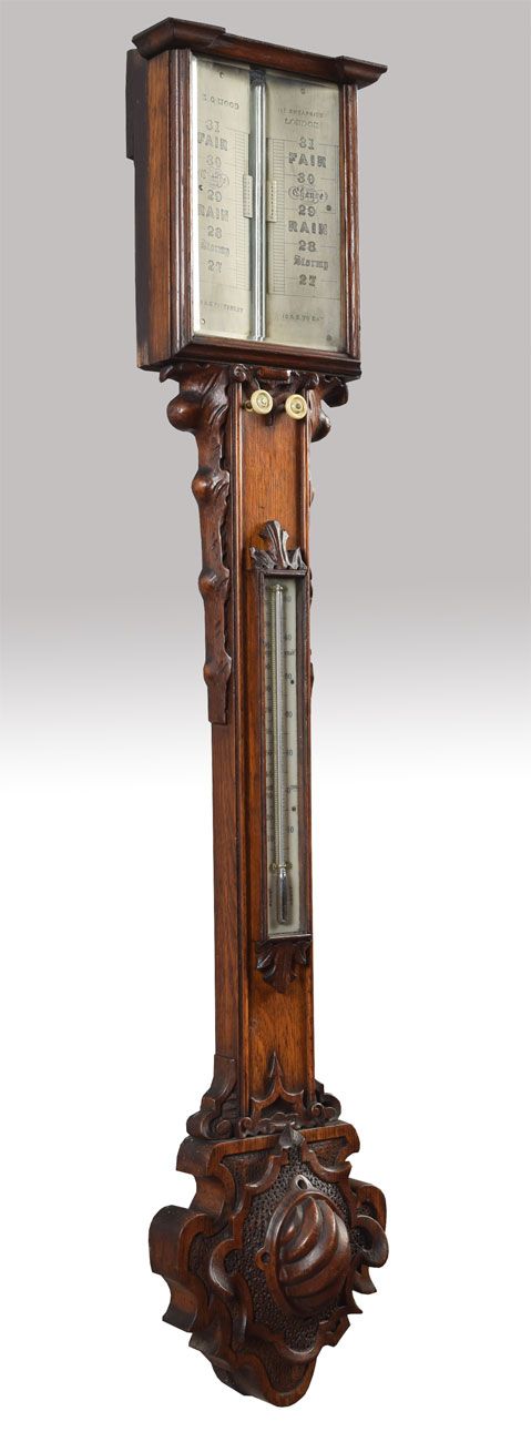 Victorian Oak Cased Stick Barometer and Thermometer