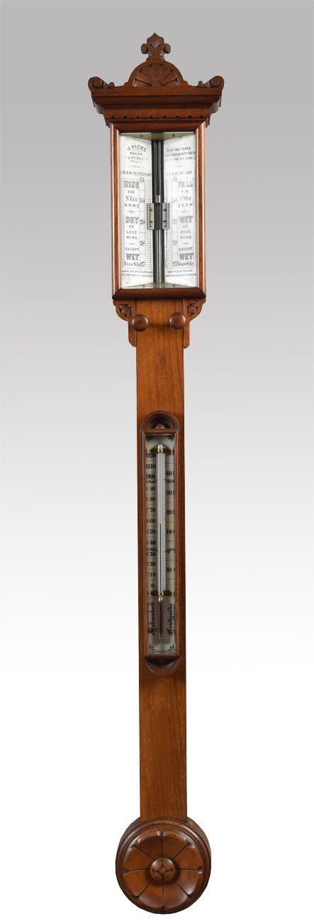 Late Victorian Oak Cased Stick Barometer and Thermometer by J Hicks of London
