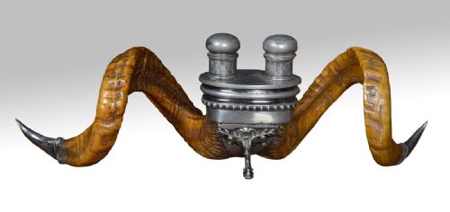 Rare English Ram's Horn & Silver Plate Inkwell by Walker & Hall