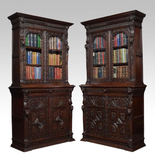 Pair Renaissance Revival Carved Oak Bookcase Cabinets