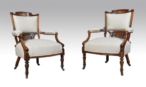 Pair Edwardian Inlaid Rosewood Armchairs