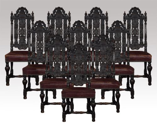 Set of Ten 17th Century Style Carved Oak Dining Chairs